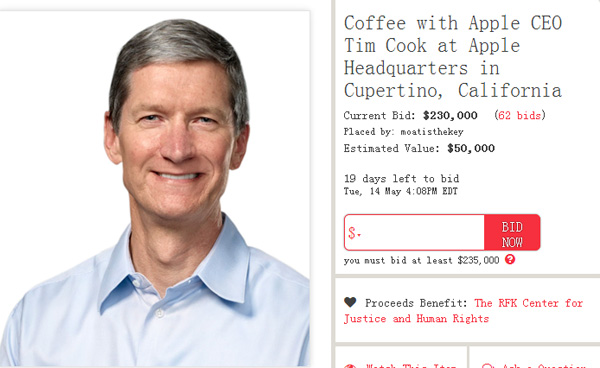 跟苹果CEO聊聊股价？库克咖啡慈善拍卖已标到23万美元